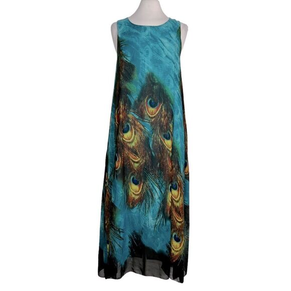 Stunning PEACOCK Feather Animal Print Sleeveless Chiffon Maxi Shift Kaftan Dress - Picture 3 of 9